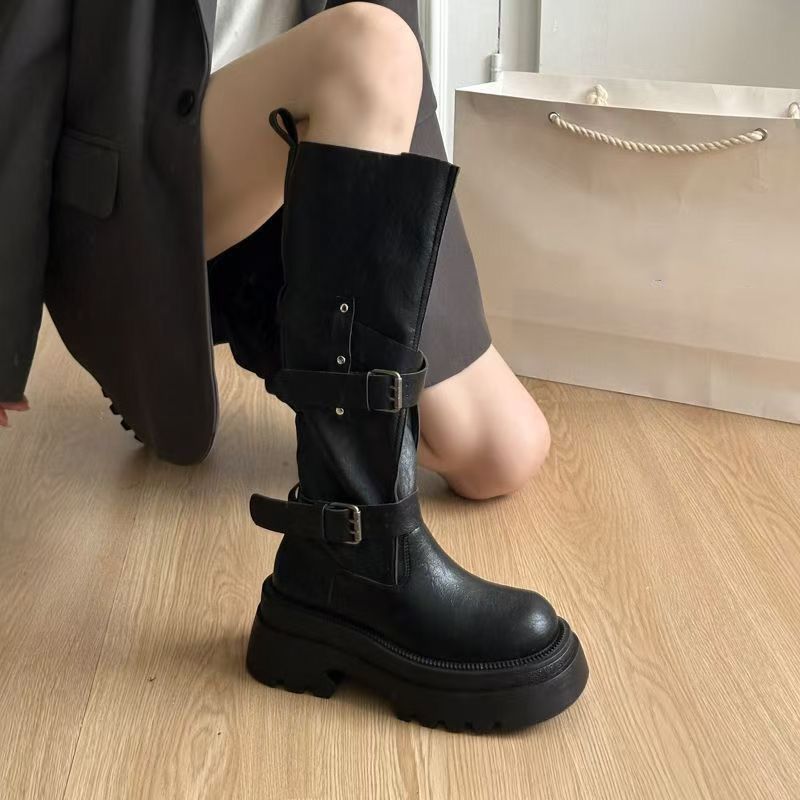 Vintage Old Fashion - 2026年ニューヴィンテージ厚底レディースニーハイブーツファッションベルトバックルジッパーシューズ女性用ナイトロングブーツシューズ