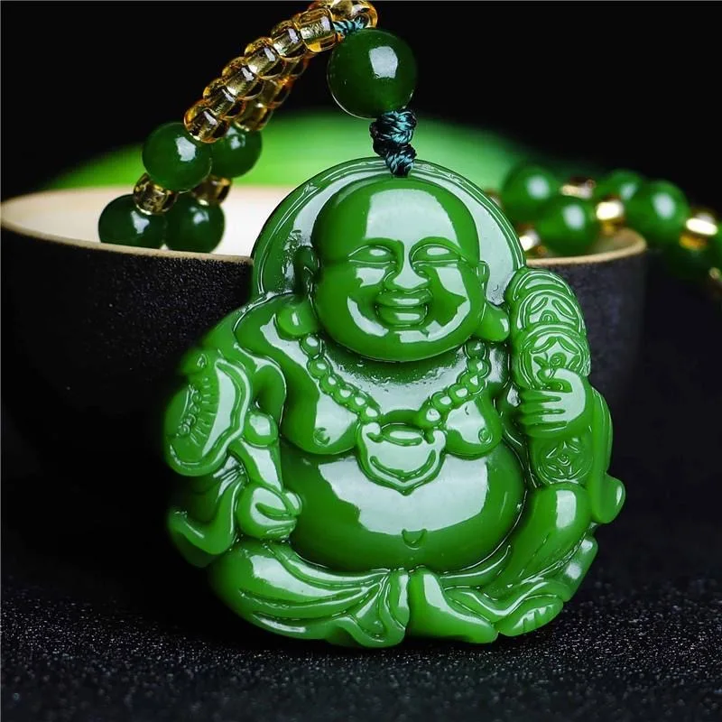 Vintage Fashion Necklace - 中国の緑のヒスイ弥勒仏ペンダントネックレスチャーム硬玉ジュエリー彫アミュレットファッションアクセサリー女性男性