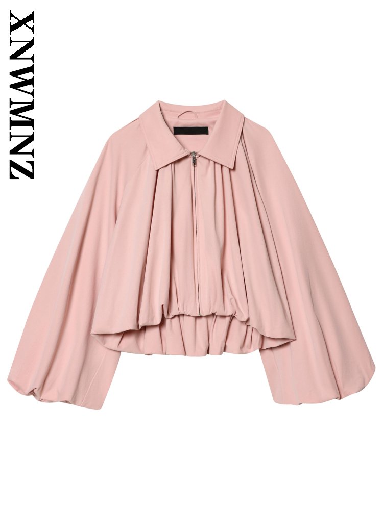 Vintage Fashion Club - XNWMNZ 2026 夏新作レディースホリデーヴィンテージ長袖ターンダウンカラージャケットファッションクラブ女性のピンク通勤コートジッパー