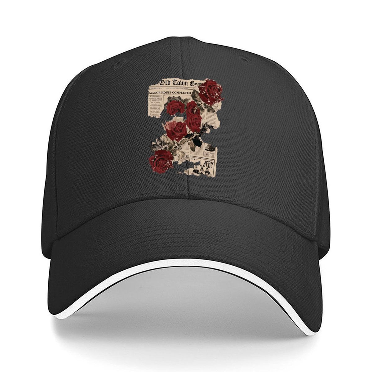 Vintage Fashion Newspaper - ヴィンテージ新聞紙赤いバラの花柄コラージュオールドタウンヒップホップ帽子ファッションアウトドアスポーツサンドイッチ野球帽
