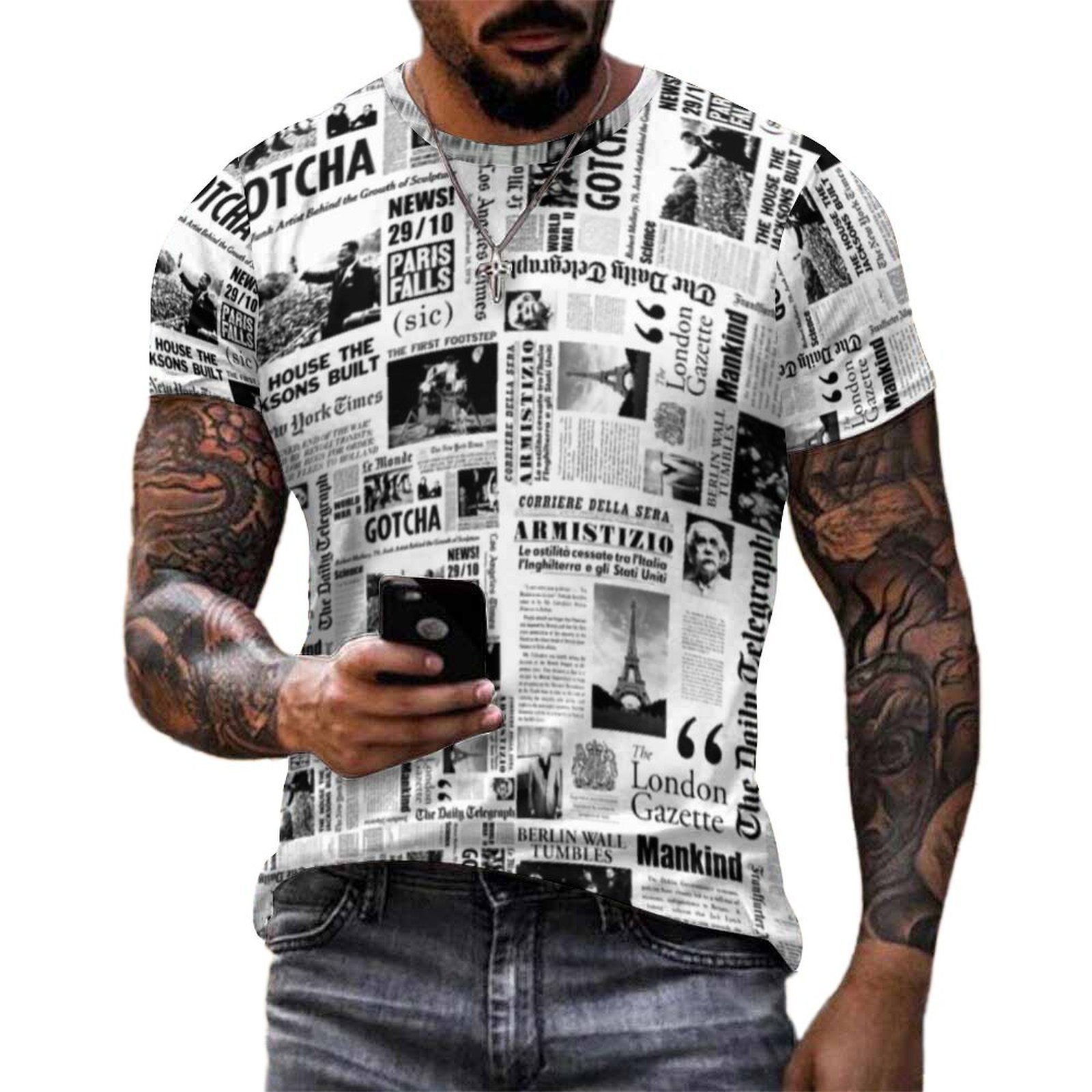 Vintage Fashion Newspaper - メンズ ヴィンテージ新聞柄Tシャツ ブラック ホワイト ファッションTシャツ 半袖デザインTシャツ