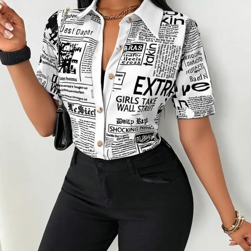 Vintage Fashion Newspaper - レディース新聞プリントシャツ 2026 ファッション半袖ラペルカラーボタンダウンブラウス ヴィンテージストリートウェアトップス