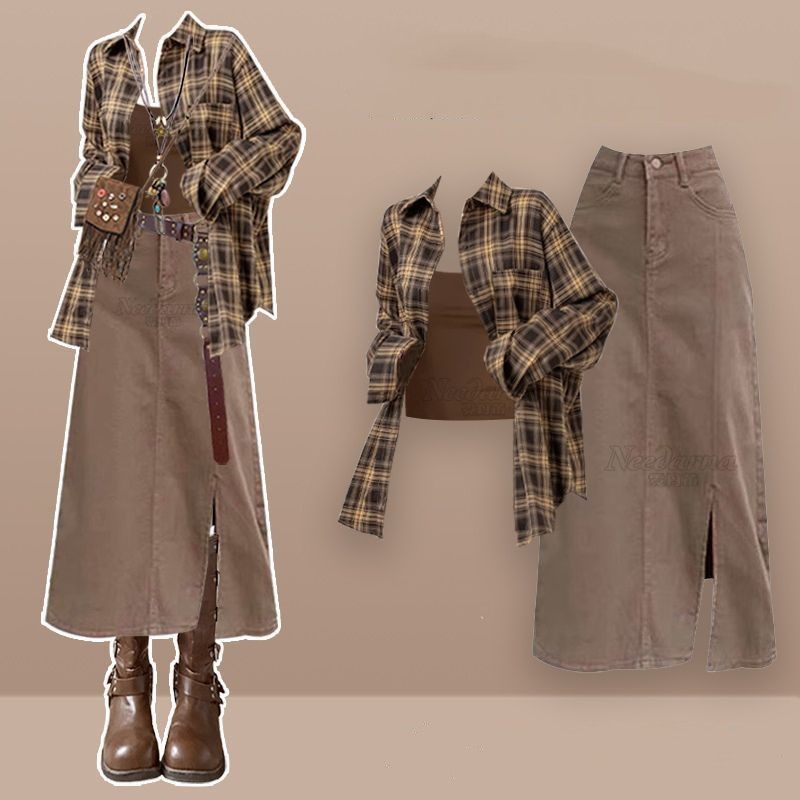 Vintage Fashion Ai - レディース2026夏新作ファッションストライプシャツ+ベスト+ヴィンテージデニムスカート3点セット韓国風エレガントカーディガンワンピースコーディネートセット