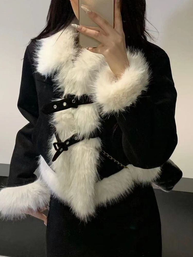 Vintage Fashion Ai - 韓国風ヴィンテージデザイン暖かいセットアップ レディース エレガント フェイクファーカラーコート＋ショートスカートスーツ ファッションパーティー ツーピースセット