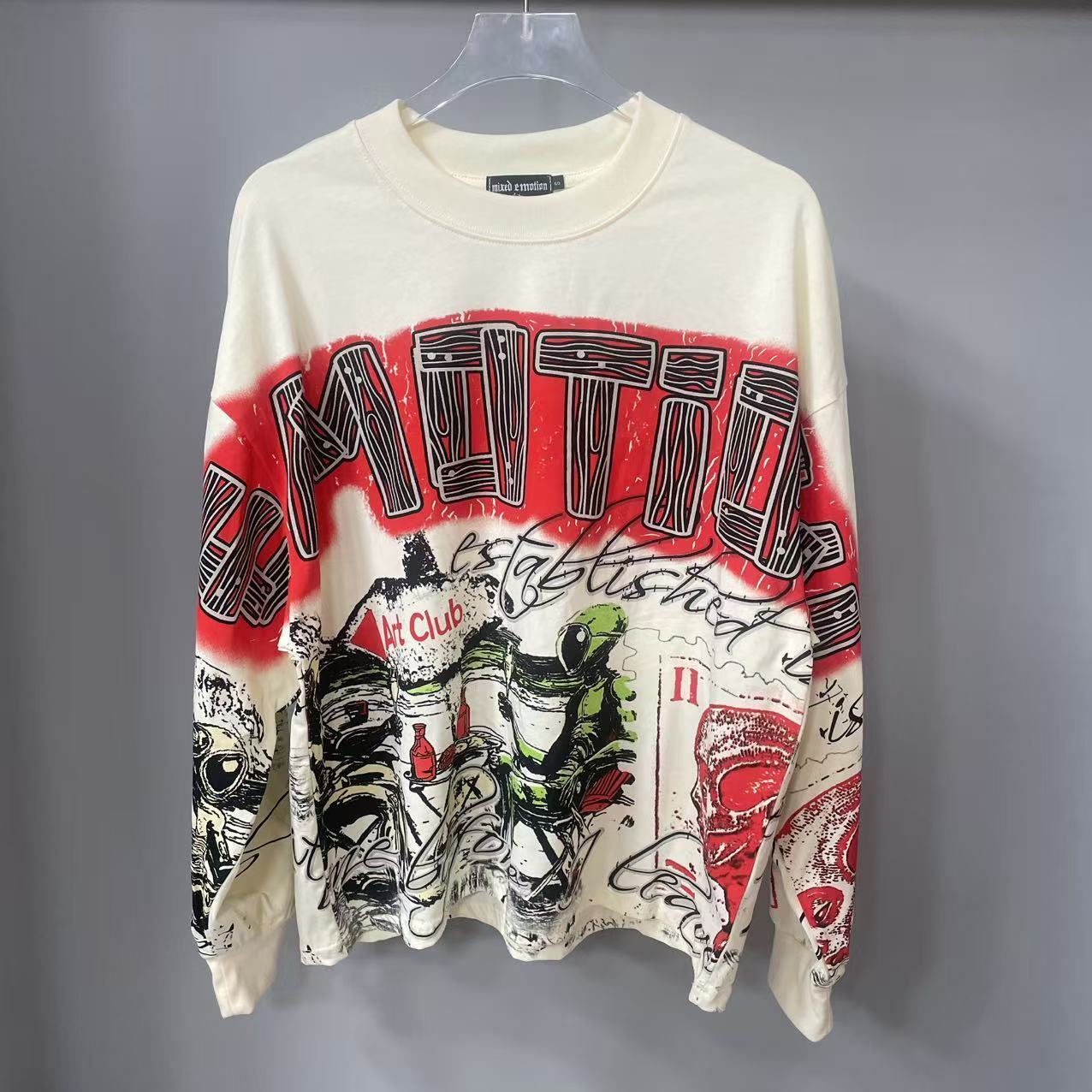 Vintage Old Fashion - 高品質デザイナー MIXED-EMOTION 長袖Tシャツ 100%コットン メンズ＆レディース ヴィンテージプリント＆ホットフィックスラインストーン