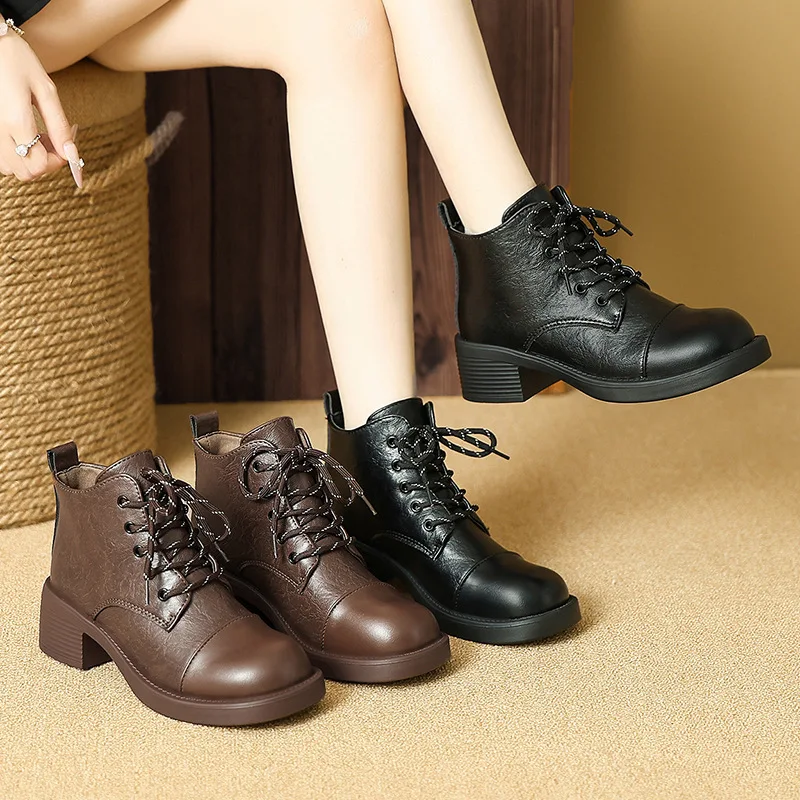 Vintage Fashion Online - 女性ショートブーツ秋冬新ファッションレースアップヴィンテージミドルヒールシューズ屋外ノンスリップ身長増加アンクルブーツ