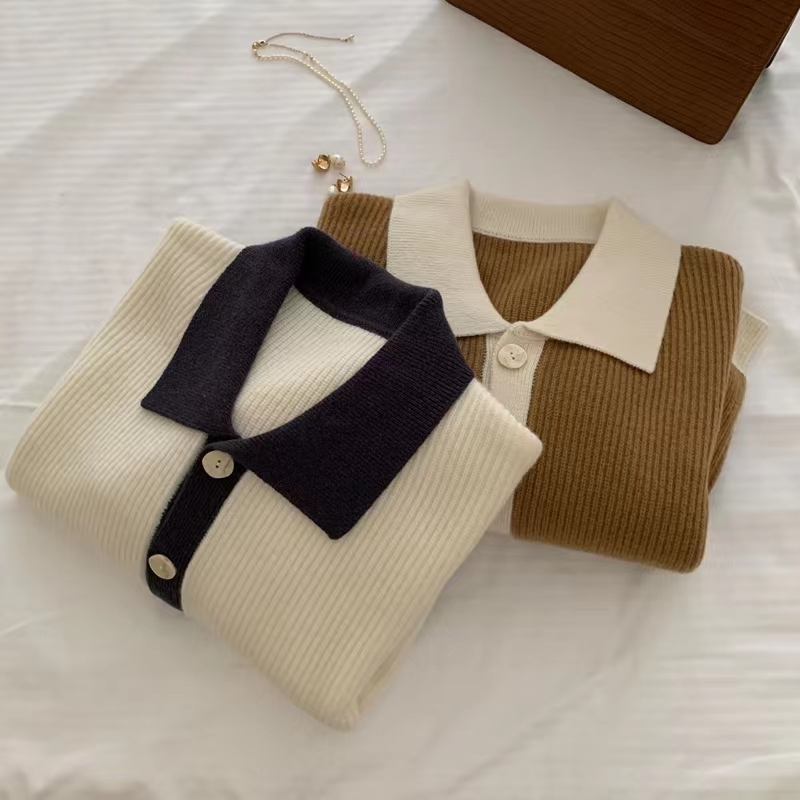 Crop Cardigan Vintage - 韓国風長袖ルーズポロカラーセーター アウターウェア 2026秋冬 ヴィンテージコントラスト 厚手ニットセーター レディースカーディガン