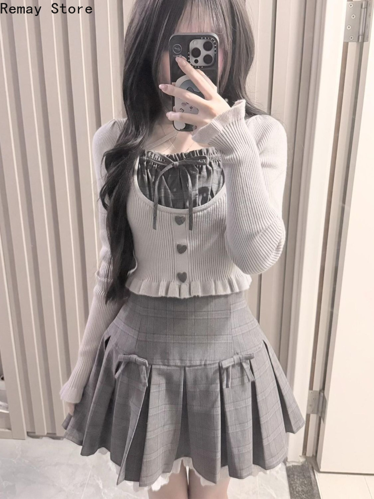 Vintage Fashion Ai - 新作秋物フレンチエレガントファッション ツーピースセット レディース フィットシックコート＋ミニケーキスカート ヴィンテージ Y2K風