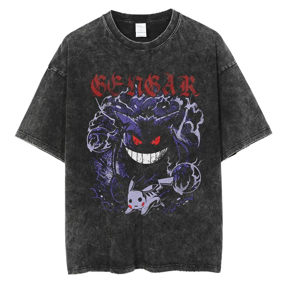 Fashion Y Vintage - ポケモン ゲンガーとピカチュウ アニメTシャツ、ヴィンテージ風ウォッシュドブラックTシャツ メンズ レディース、カジュアルストリートウェアファッショントップス