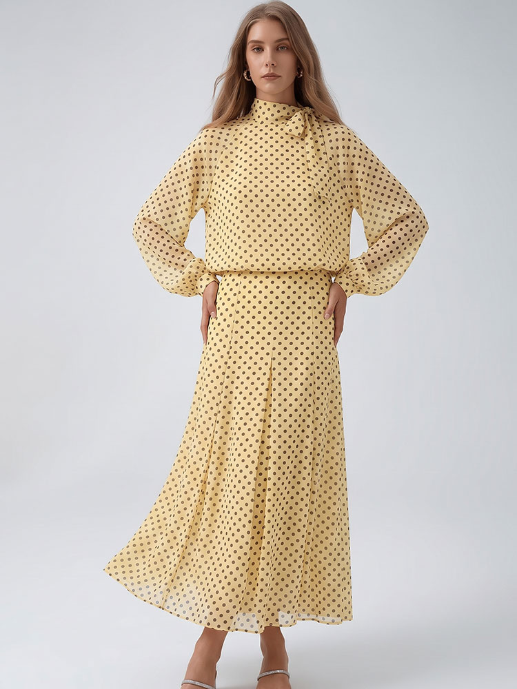 Vintage Fashion Ai - HH ヴィンテージ レディース 水玉模様スーツ バブルスリーブシャツ ジッパーロングスカート