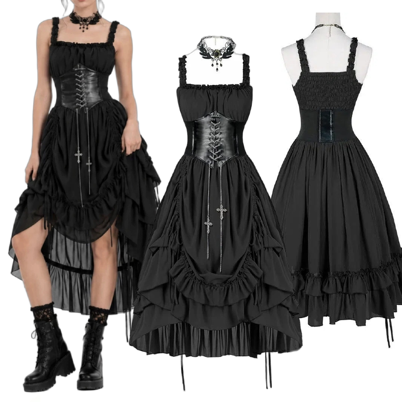 Vintage Fashion Dresses - 女性ゴシックドレスコルセットスリップブラックパンクロリータ不規則なフリルミディドレスヴィンテージパーティーイブニング Vestidos ハロウィンコスチューム