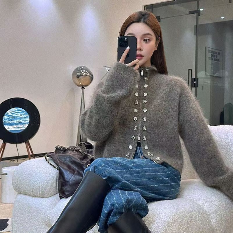 Crop Cardigan Vintage - 女性用長袖タートルネックセーター,ニットセーター,古着,キュートなカーディガン,フレンチスタイル,ヴィンテージ,冬,秋