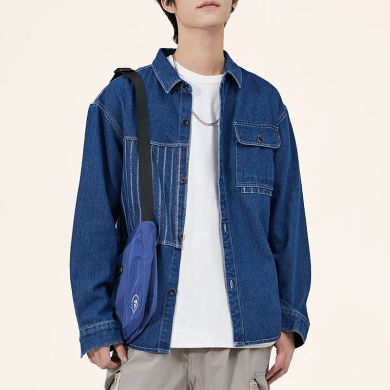 Vintage Fashion Now - 折り襟付きデニムジャケット,韓国のシックなメンズジャケット,ポケット付き,長袖,ゆったりとしたカジュアルウェア,ヴィンテージのファッションコート,春と秋