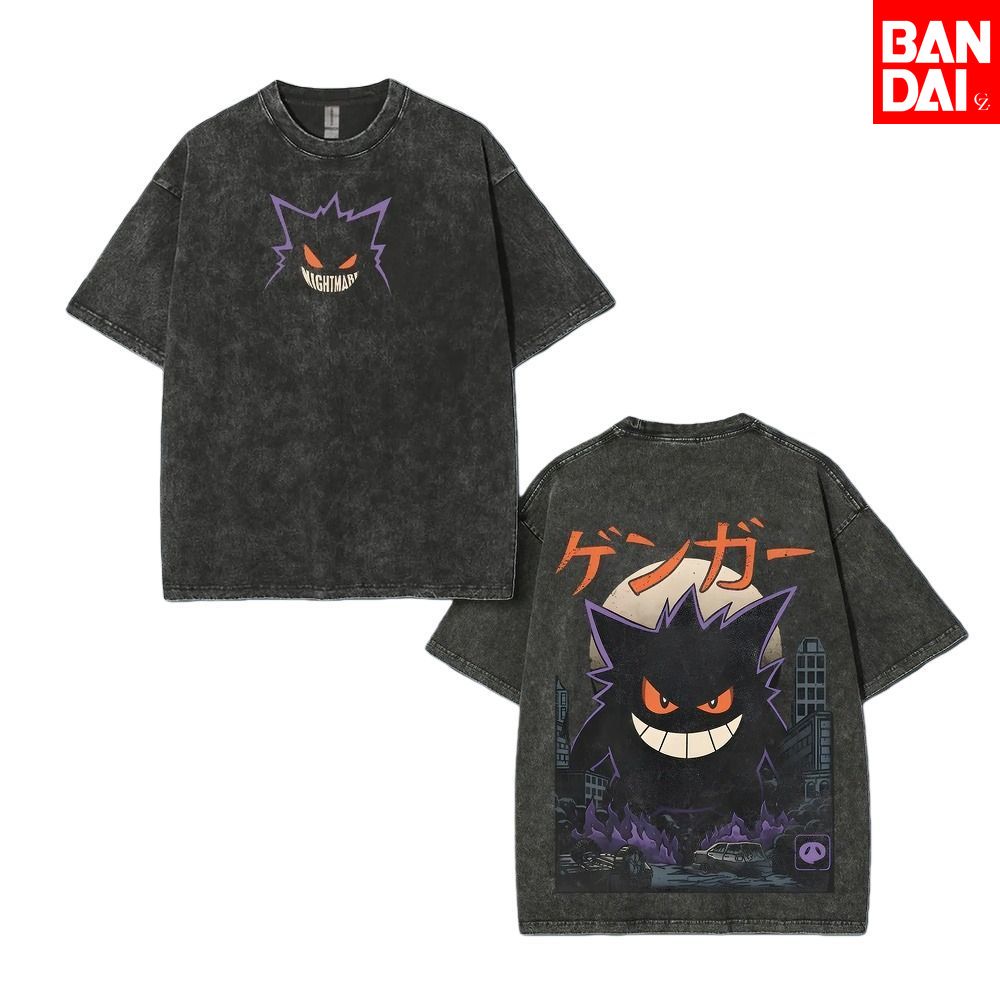 Fashion Y Vintage - ポケモンガストリーハウンターゲンガー Tシャツ男性 2026 夏ヴィンテージ酸洗浄オーバーサイズ Tシャツ日本アニメストリートヒップホップ原宿