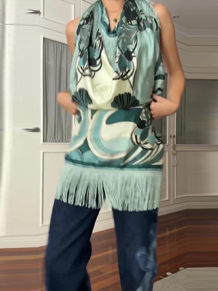 Vintage Fashion Ai - ヴィンテージプリントタッセルスクエアスカーフ女性フリンジパッチワークショールウエストシールアクセサリー 2026 春夏レディオールマッチショール
