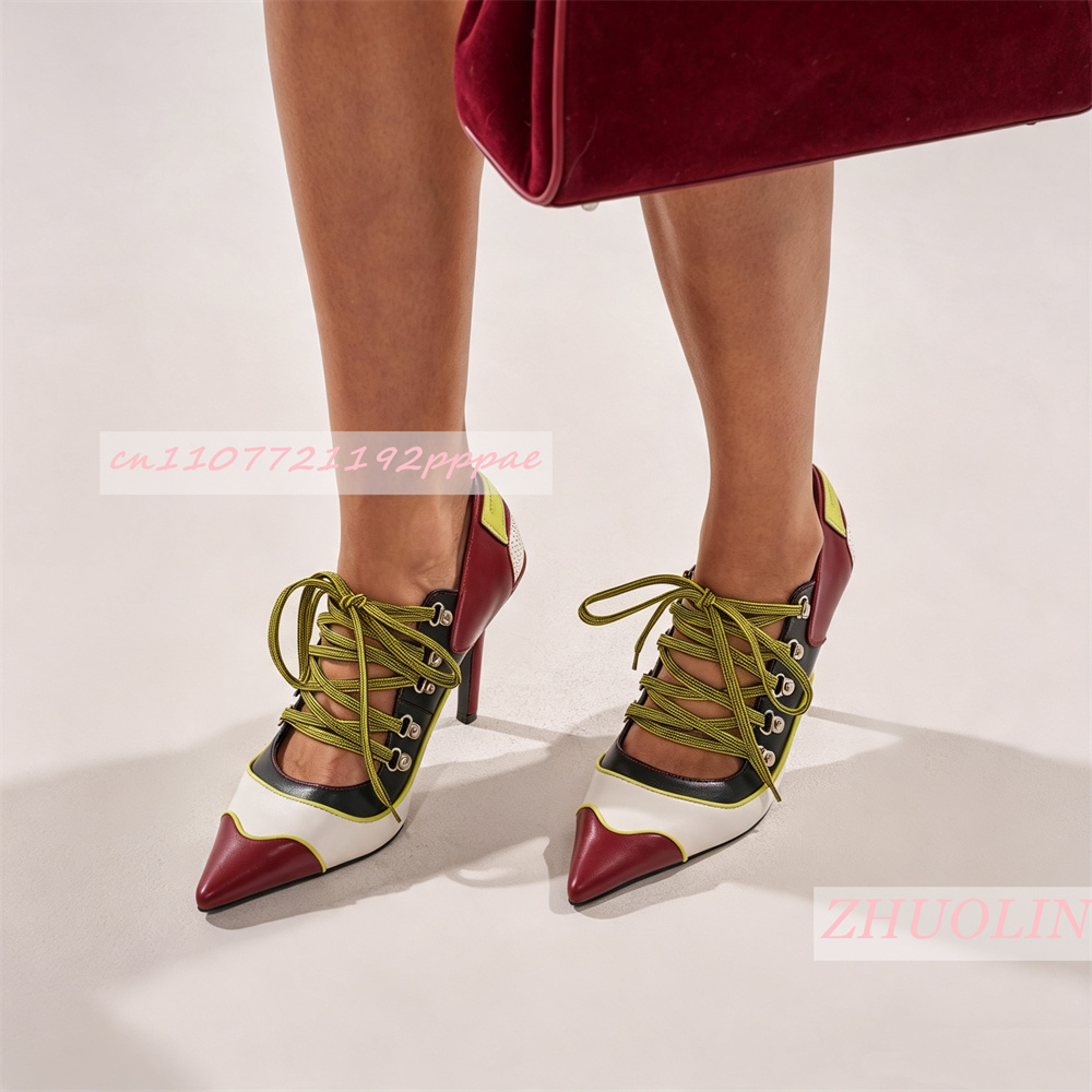Vintage Fashion Online - 女性用レースアップパンプス、ポインテッドトゥ、スティレットヒール、カラーブロック（赤、黒、白）、ファッショナブルなステートメント、パーティー、イブニング、ヴィンテージフットウェア