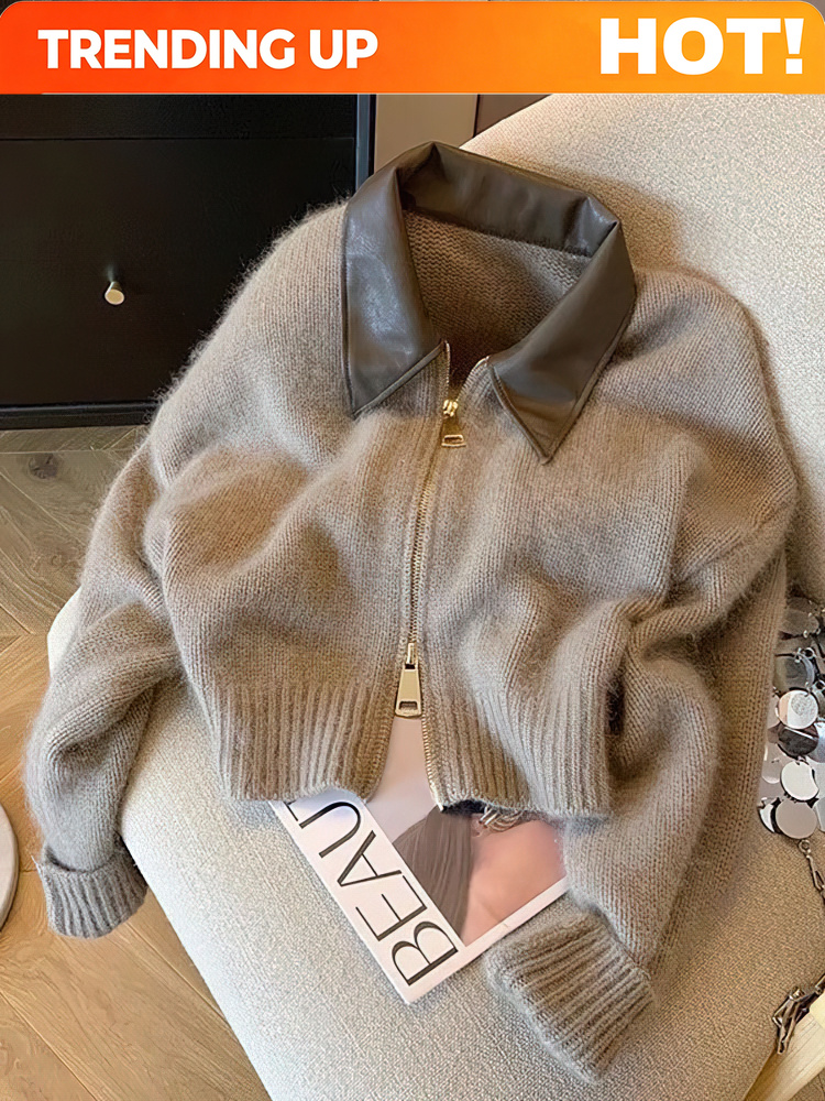 Crop Cardigan Vintage - カスタマイズ パッチワーク ジッパー クロップド カーディガン レディース