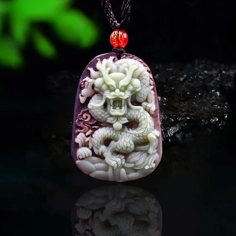 Vintage Fashion Necklace - 男性と女性のための紫色の石のペンダント,ドラゴンの形をしたネックレス,自然な宝石,ラッキーチャーム,ファッショナブルな彫刻