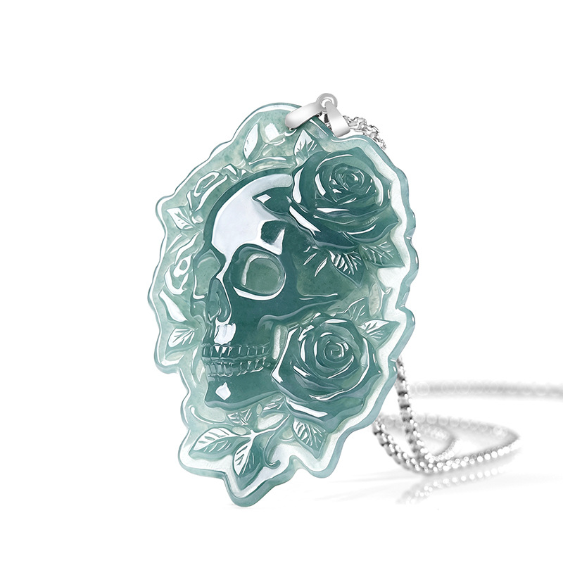 Vintage Fashion Necklace - 天然ビルマ翡翠スカルペンダントネックレス ファッションヴィンテージ 925シルバー 本翡翠 デザイナーズラグジュアリージェムストーン 女性向けギフト