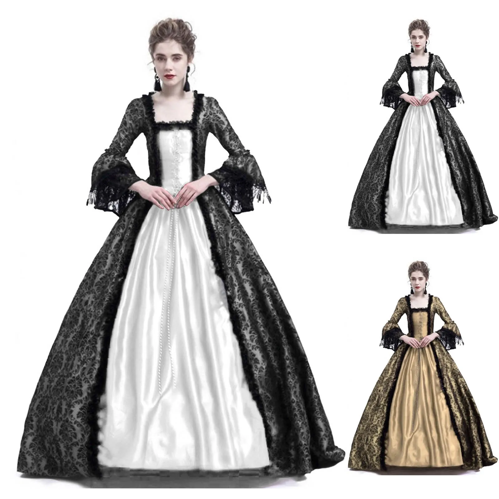 Vintage Fashion Dresses - ハロウィンコスプレパレス女性用レーストランペットスリーブ中世風ドレスコスチュームヴィンテージマキシロングドレスプラスサイズビクトリア朝風ドレス