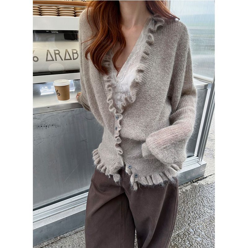 韓国風Vネックフリル付きスイート長袖カーディガン レディース - Crop Cardigan Vintage のレビューと価格