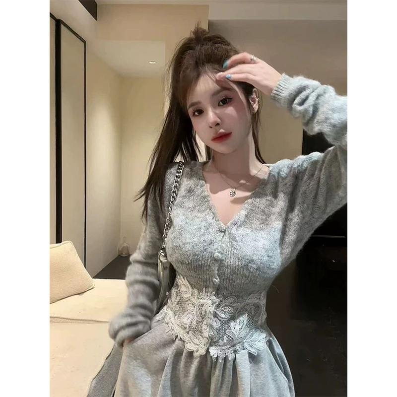 クロップドレースニットカーディガン女性エレガントな V ネッ - Crop Cardigan Vintage のレビューと価格