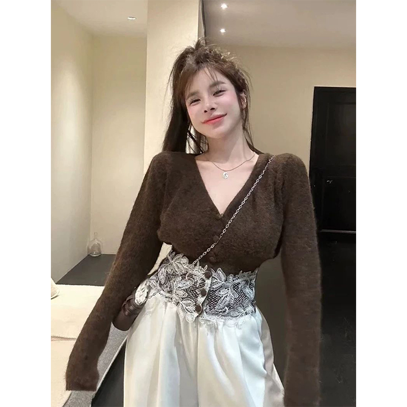 クロップドレースニットカーディガン女性エレガントな V ネッ - Crop Cardigan Vintage のレビューと価格
