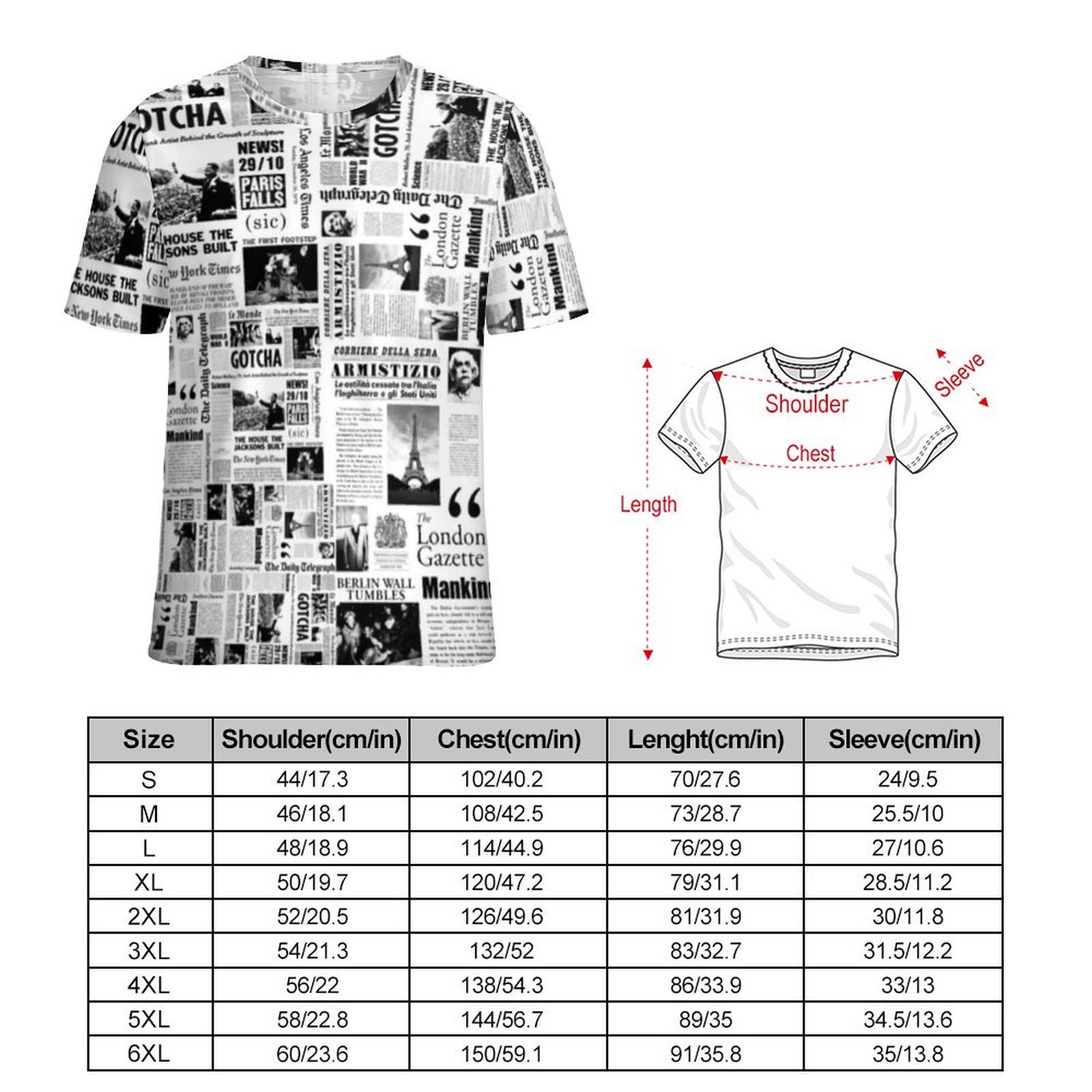 メンズ ヴィンテージ新聞柄Tシャツ ブラック ホワイト ファ - Vintage Fashion Newspaper のレビューと価格