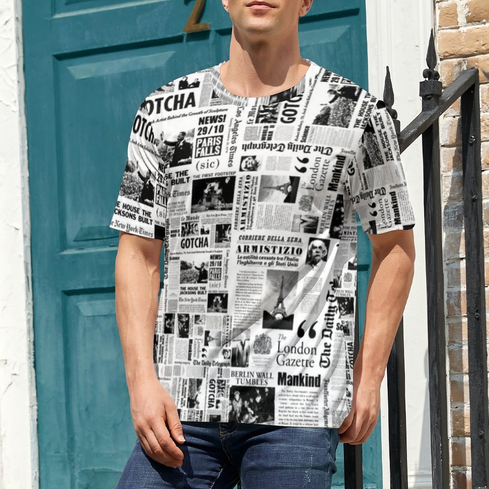 メンズ ヴィンテージ新聞柄Tシャツ ブラック ホワイト ファ - Vintage Fashion Newspaper のレビューと価格