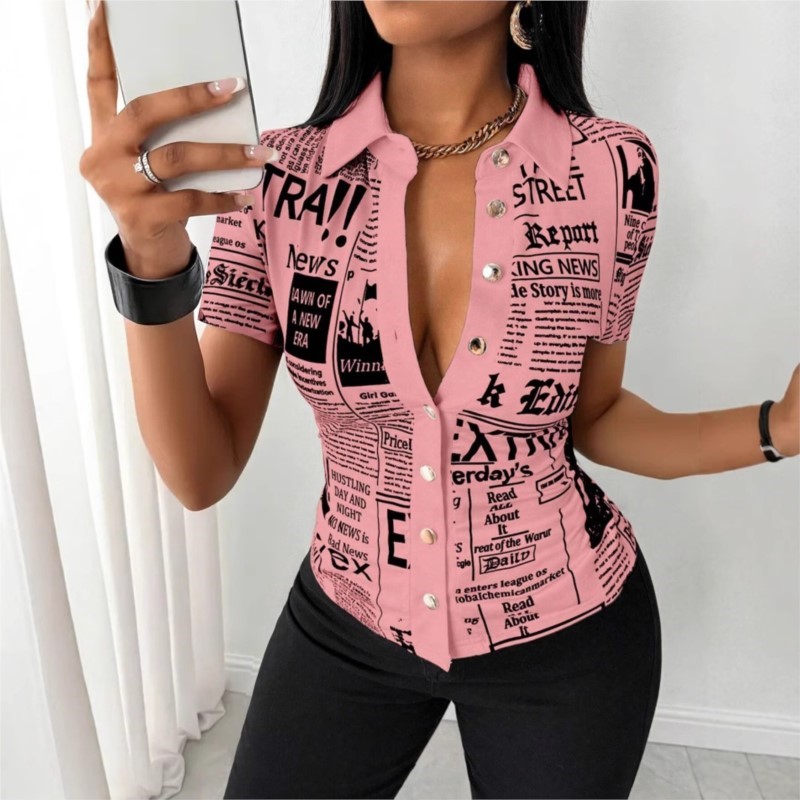 レディース新聞プリントシャツ 2026 ファッション半袖ラペ - Vintage Fashion Newspaper のレビューと価格