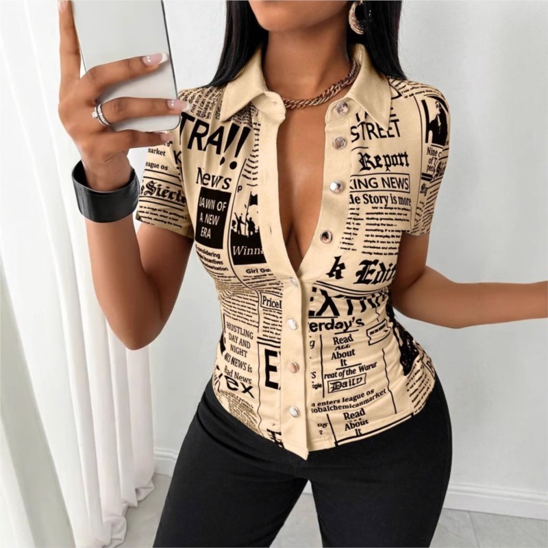 レディース新聞プリントシャツ 2026 ファッション半袖ラペ - Vintage Fashion Newspaper のレビューと価格