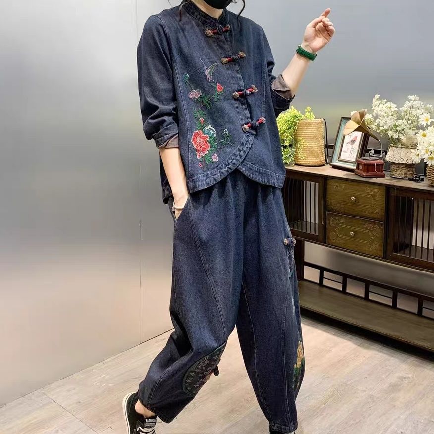ゆったりとした花の刺繍が施された女性用デニムセット,2ピース - Vintage Fashion Ai のレビューと価格