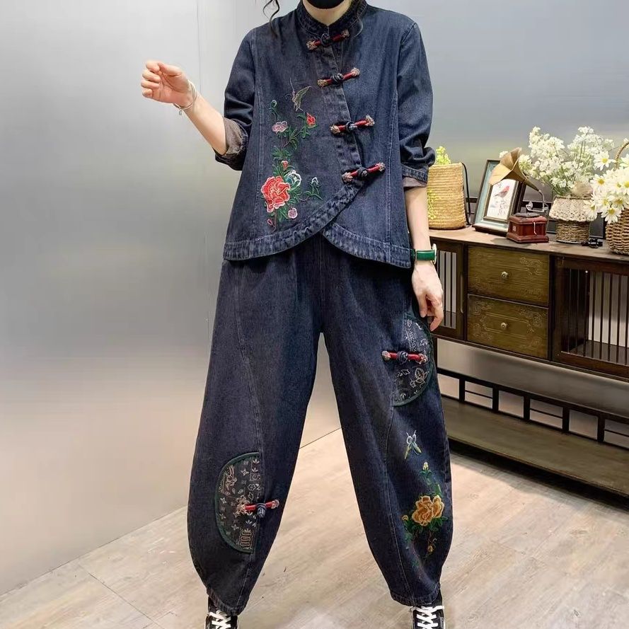 ゆったりとした花の刺繍が施された女性用デニムセット,2ピース - Vintage Fashion Ai のレビューと価格