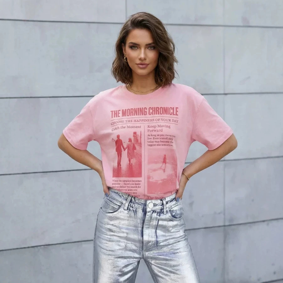 ヴィンテージ新聞紙風デザインのブラッシュピンクオーバーサイズ - Vintage Fashion Newspaper のレビューと価格