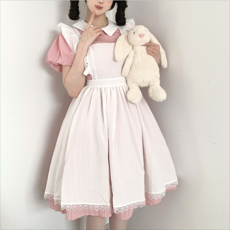ロングピンクホワイトのメイドドレス、ピーターパンカラー、フリ - Vintage Fashion Dresses のレビューと価格