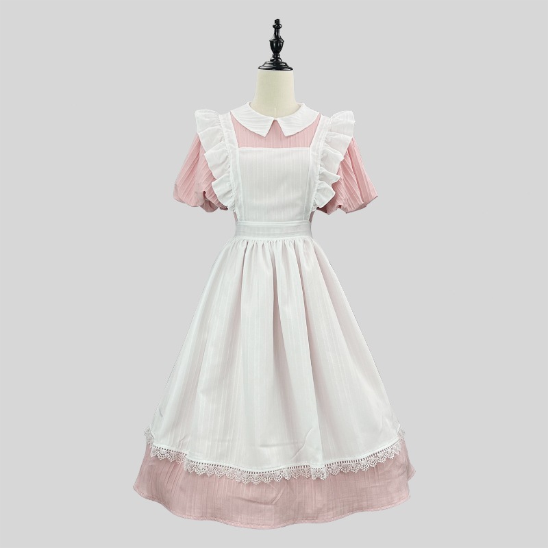 ロングピンクホワイトのメイドドレス、ピーターパンカラー、フリ - Vintage Fashion Dresses のレビューと価格
