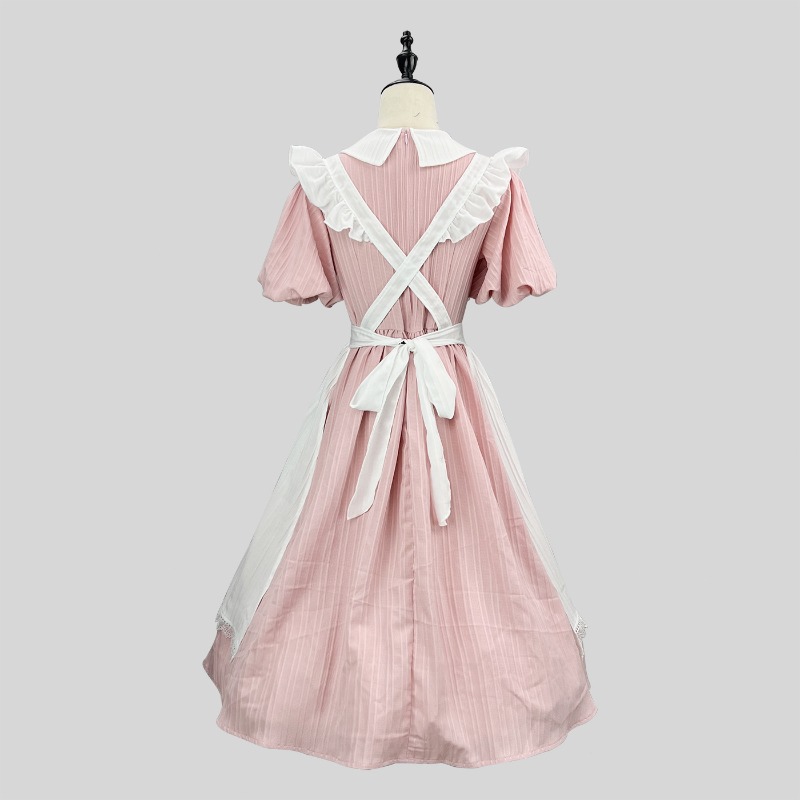 ロングピンクホワイトのメイドドレス、ピーターパンカラー、フリ - Vintage Fashion Dresses のレビューと価格