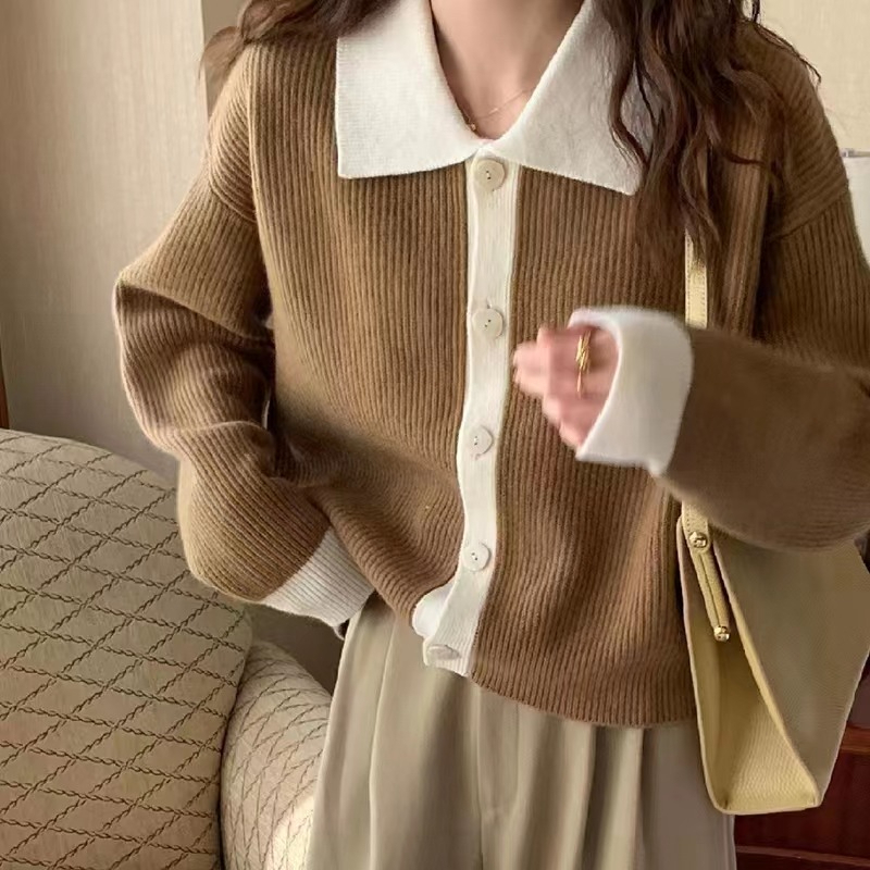 韓国風長袖ルーズポロカラーセーター アウターウェア 2026 - Crop Cardigan Vintage のレビューと価格
