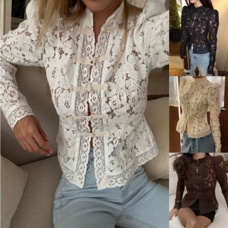 夏のレースプリントシャツトップス女性中空アウトファッション通 - Vintage Fashion Club のレビューと価格