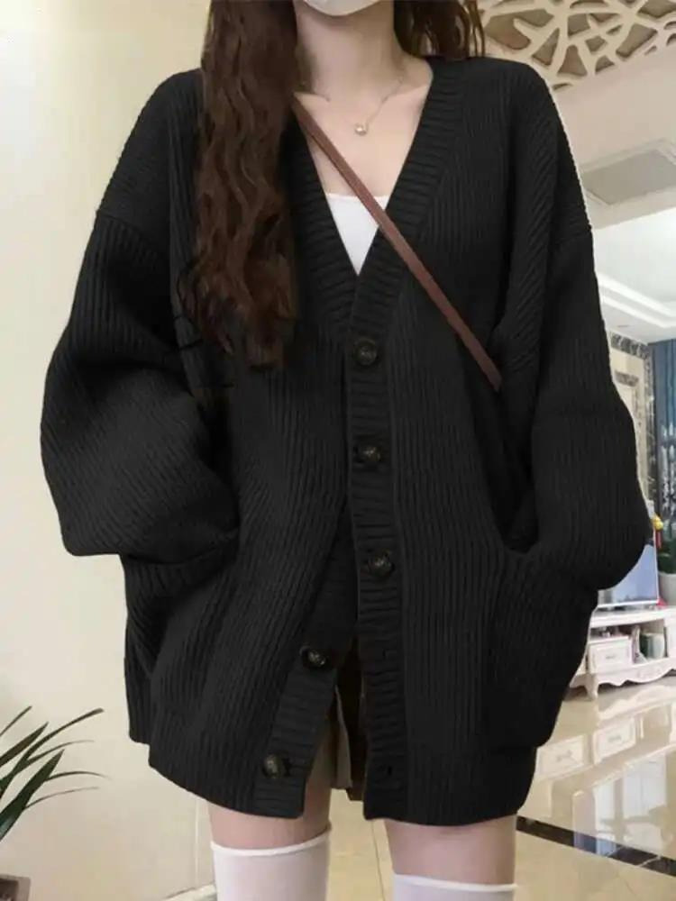 ルーズカーディガン女性長袖 V ネックニット黒だらしないオー - Crop Cardigan Vintage のレビューと価格